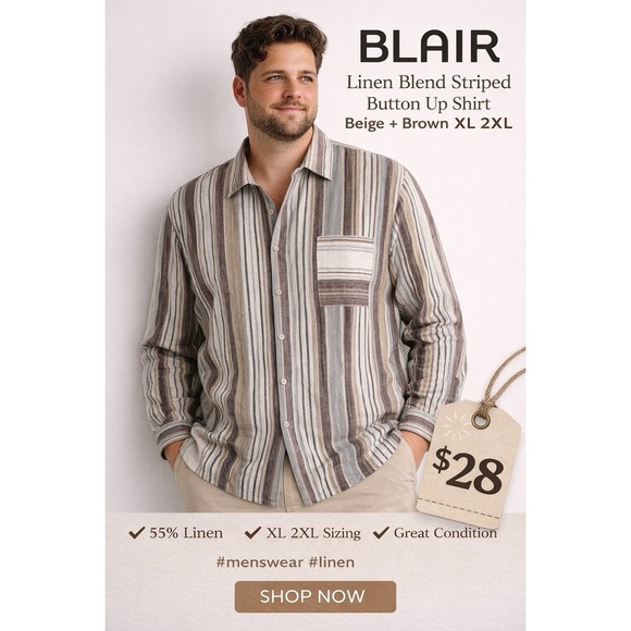 John Blair Other - Blair Linen Blend Striped Button Up Shirt Beige Brown XL 2XL Men